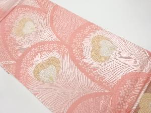 リサイクル　孔雀羽に小花・古典柄模様織出し丸帯